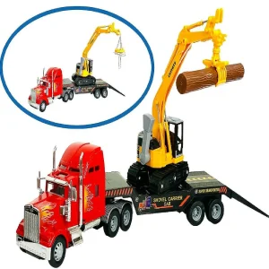 Oriental Trading Toy Cars*Big Daddy Big Rig Heavy Duty Tractor Trailer Transport Flat Bed & Excavator