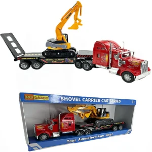 Oriental Trading Toy Cars*Big Daddy Big Rig Heavy Duty Tractor Trailer Transport Flat Bed & Excavator