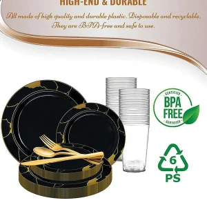 Black With Gold Marble Disposable Plastic Dinnerware Value Set (20 Settings)<Oriental Trading Sale