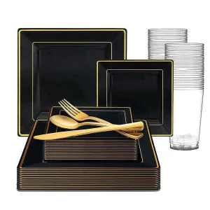 Black With Gold Square Edge Rim Plastic Dinnerware Value Set (20 Settings)<Oriental Trading New