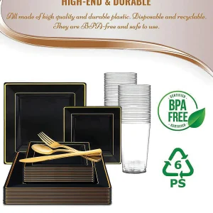 Black With Gold Square Edge Rim Plastic Dinnerware Value Set (20 Settings)<Oriental Trading New
