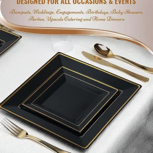 Black With Gold Square Edge Rim Plastic Dinnerware Value Set (20 Settings)<Oriental Trading New