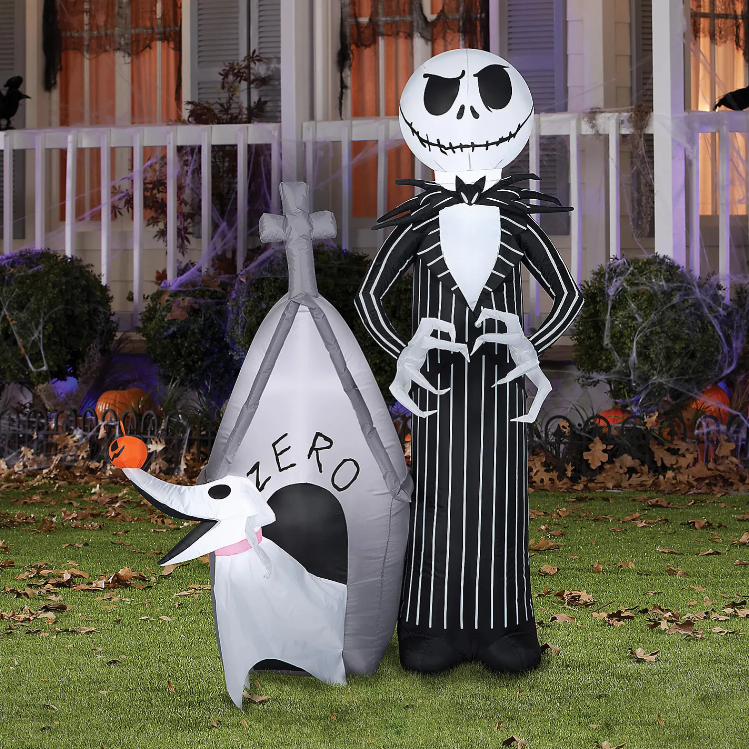 blow_up_inflatable_night_2.webp 60" Blow Up Inflatable Nightmare Before Christmas Jack Skellington & Zero With House Outdoor Halloween Yard Decoration<Oriental Trading Cheap