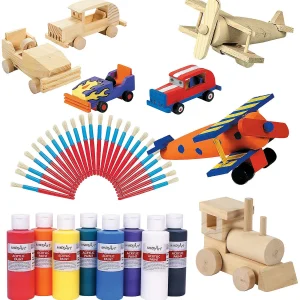 Oriental Trading Toy Cars*Bulk 68 Pc. Unfinished Wood Cars, Trains & Planes Craft Kit Assortment- Makes 36