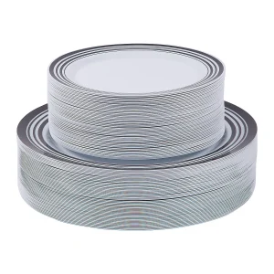Bulk Premium White Plastic Plates With Black & White Trim - 100 Ct.<Oriental Trading Online