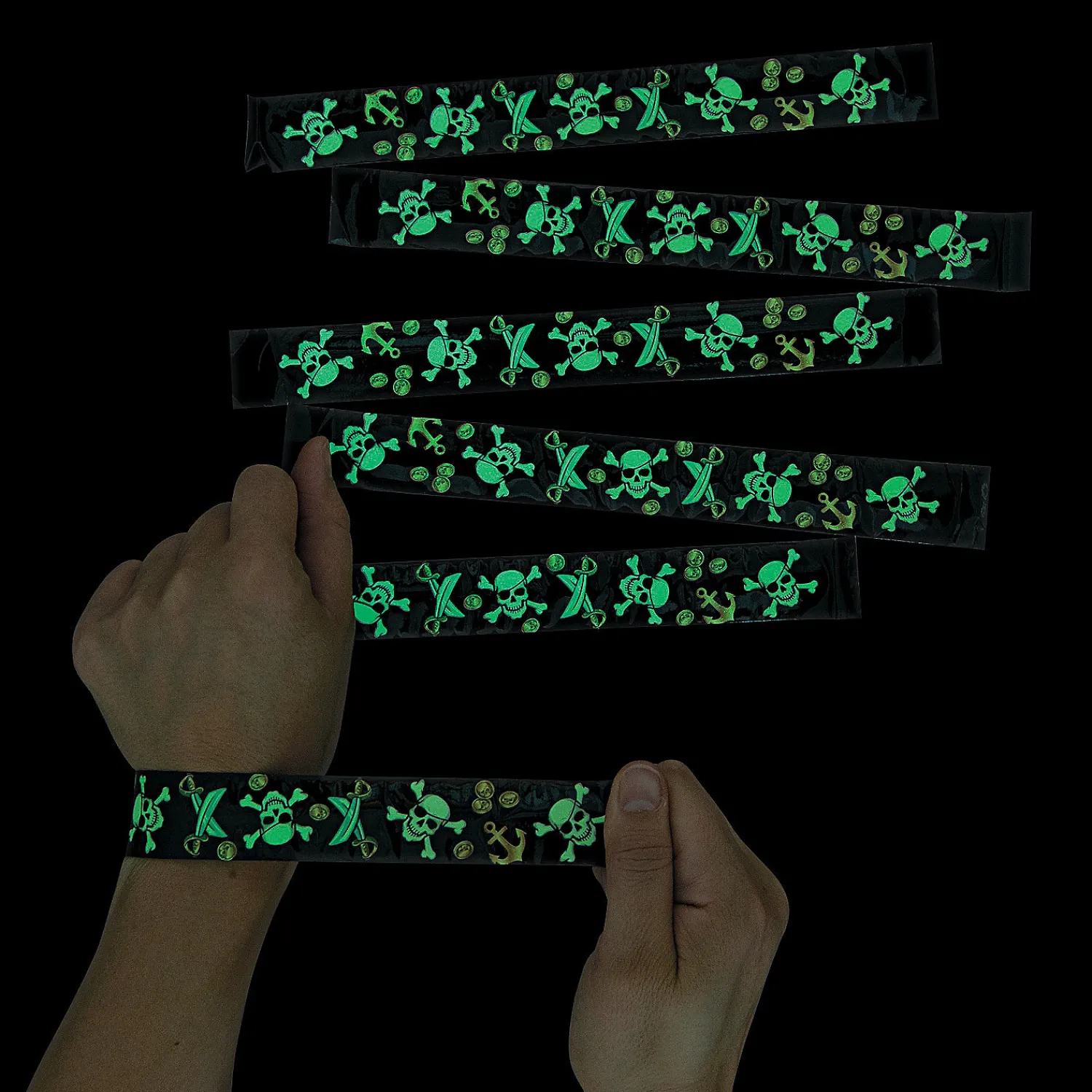 glowinthedark_pirate_slap_0.webp Oriental Trading Bracelets*Glow-In-The-Dark Pirate Slap Bracelets - 12 Pc.
