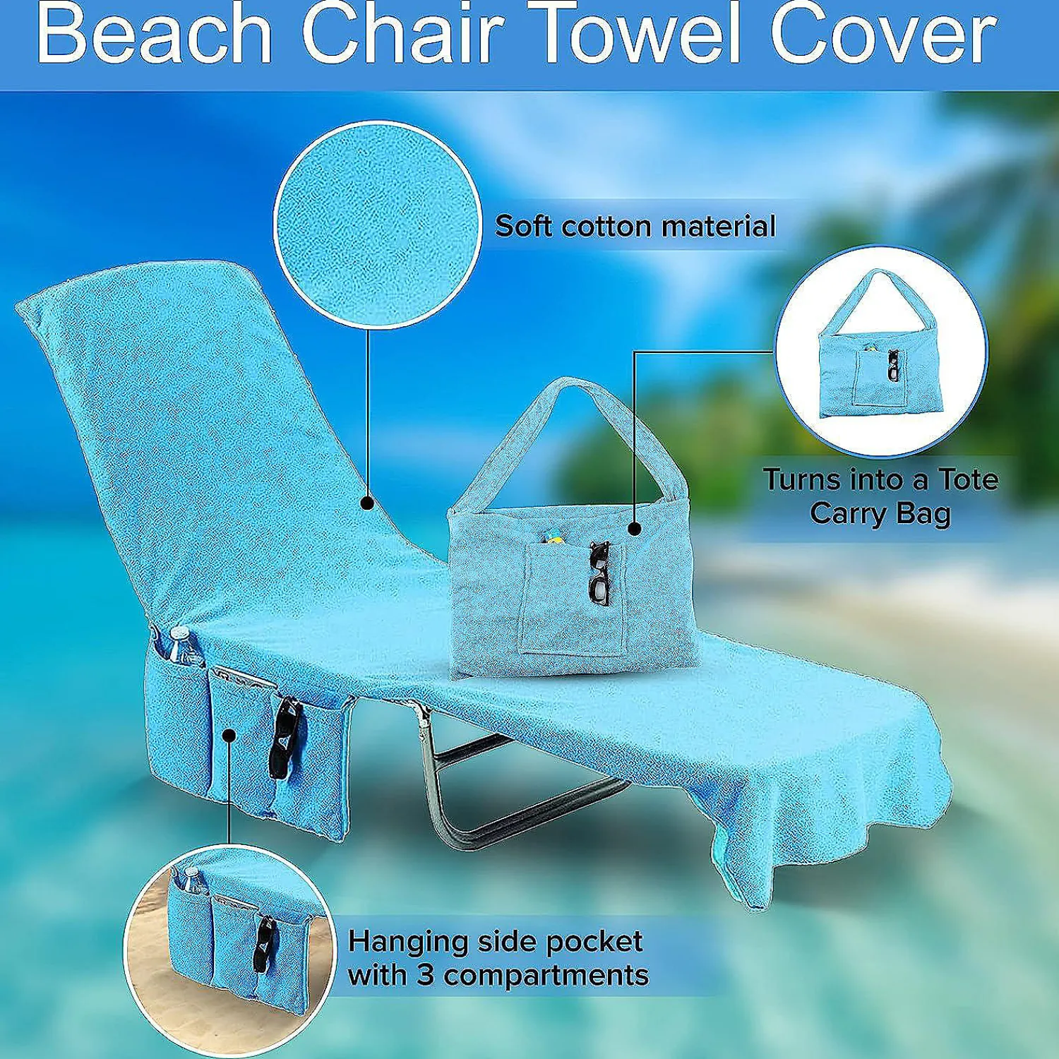 kovot_chaise_lounge_beach_1.webp Kovot Chaise Lounge Beach Chair Towel Cover With Pockets Light Blue 84 X 26 Inches 2 Pack<Oriental Trading Discount