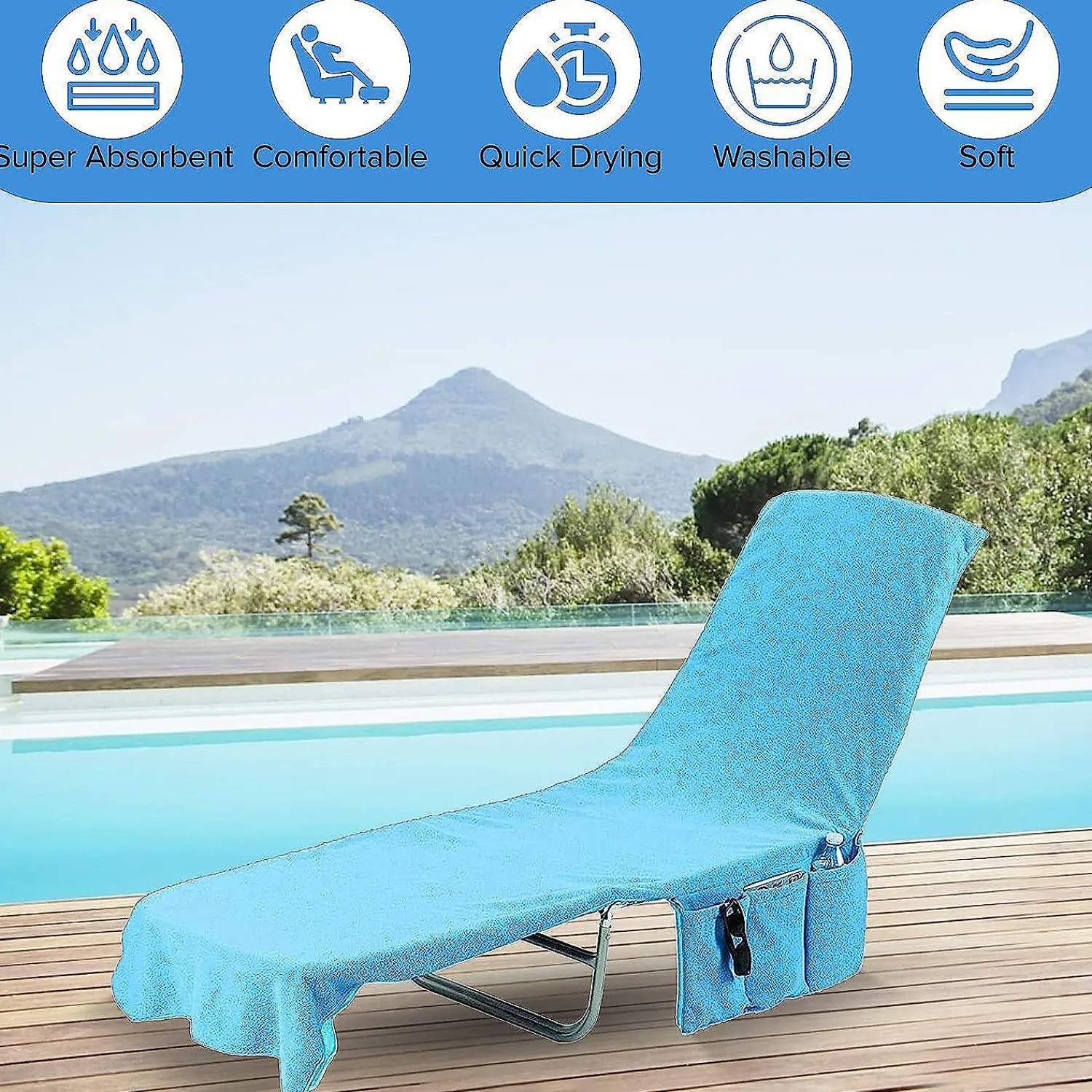 kovot_chaise_lounge_beach_3.webp Kovot Chaise Lounge Beach Chair Towel Cover With Pockets Light Blue 84 X 26 Inches 2 Pack<Oriental Trading Discount