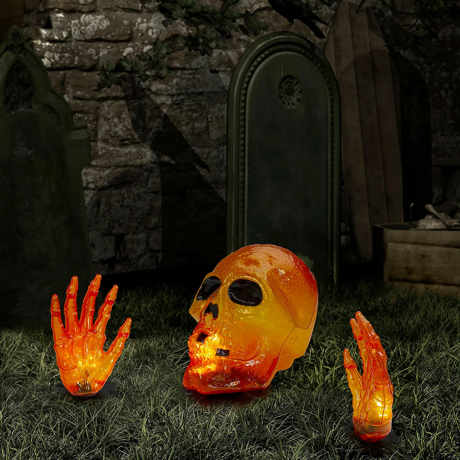 lighted_orange_skull_and_1.webp 8.5" Lighted Orange Skull And Hands Outdoor Halloween Decoration - 4Ft Black Wire<Oriental Trading Sale