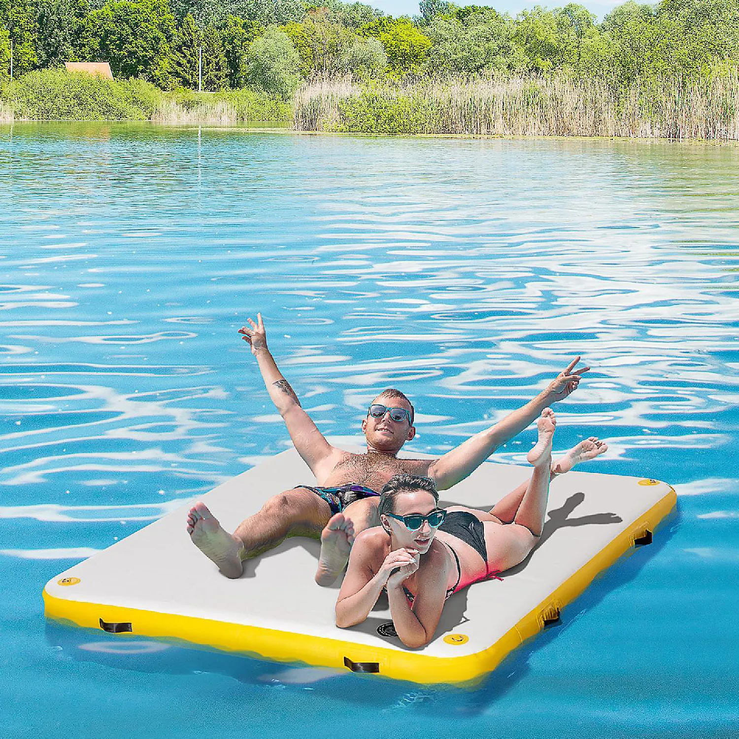 outsunny_water_inflatable_2.webp Outsunny Water Inflatable Floating Dock Inflatable Platform Island Large Floating Mat With Air Pump And Backpack For Pool Beach Ocean White<Oriental Trading Online