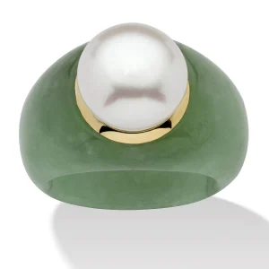 Oriental Trading Rings*Palmbeach Jewelry 10K Yellow Gold Round Genuine Cultured Freshwater Pearl And Genuine Green Jade Ring Sizes 6-10
