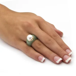 Oriental Trading Rings*Palmbeach Jewelry 10K Yellow Gold Round Genuine Cultured Freshwater Pearl And Genuine Green Jade Ring Sizes 6-10