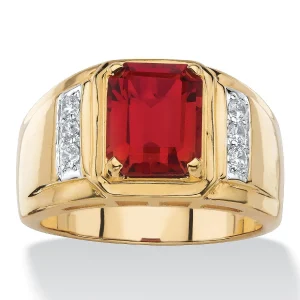Oriental Trading Rings*Palmbeach Jewelry Men's 18K Yellow Gold Plated Cushion Cut Red Genuine Garnet Round Genuine Diamond Ring (1/5 Cttw, I Color, I3 Clarity)