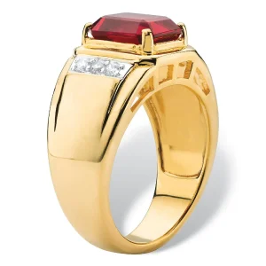 Oriental Trading Rings*Palmbeach Jewelry Men's 18K Yellow Gold Plated Cushion Cut Red Genuine Garnet Round Genuine Diamond Ring (1/5 Cttw, I Color, I3 Clarity)