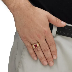 Oriental Trading Rings*Palmbeach Jewelry Men's 18K Yellow Gold Plated Cushion Cut Red Genuine Garnet Round Genuine Diamond Ring (1/5 Cttw, I Color, I3 Clarity)