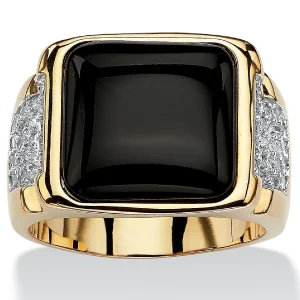 Oriental Trading Rings*Palmbeach Jewelry Men's Yellow Gold-Plated Cushion Natural Black Onyx And Round Cubic Zirconia Ring Sizes 8-16