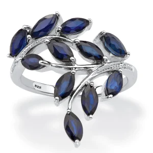 Oriental Trading Rings*Palmbeach Jewelry Platinum-Plated Sterling Silver Marquise Cut Genuine Blue Sapphire And Diamond Accent Leaf Ring Sizes 6-10