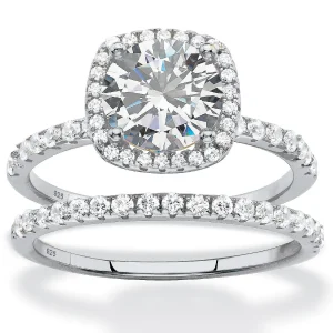 Oriental Trading Rings*Palmbeach Jewelry Platinum-Plated Sterling Silver Round Cubic Zirconia Halo Bridal Ring Set Sizes 6-10