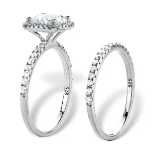 Oriental Trading Rings*Palmbeach Jewelry Platinum-Plated Sterling Silver Round Cubic Zirconia Halo Bridal Ring Set Sizes 6-10