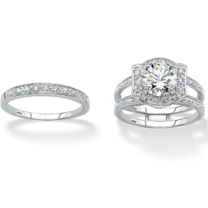 Oriental Trading Rings*Palmbeach Jewelry Platinum-Plated Sterling Silver Round Cubic Zirconia Jacket Bridal Ring Set Sizes 5-10