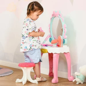 Oriental Trading Play Sets*Qaba 20 Pcs Kids Vanity Dressing Table Play Set Musical Beauty Kit Pretend Toy W/ Mirror Lights Make Up Desk Stool For 3 4 Years Old