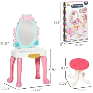 Oriental Trading Play Sets*Qaba 20 Pcs Kids Vanity Dressing Table Play Set Musical Beauty Kit Pretend Toy W/ Mirror Lights Make Up Desk Stool For 3 4 Years Old