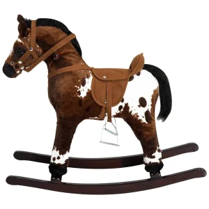 Qaba Kids Metal Plush Ride On Rocking Horse Chair Toy With Realistic Sounds Dark Brown/White<Oriental Trading Outlet