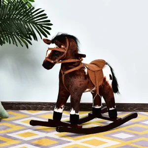 Qaba Kids Metal Plush Ride On Rocking Horse Chair Toy With Realistic Sounds Dark Brown/White<Oriental Trading Outlet