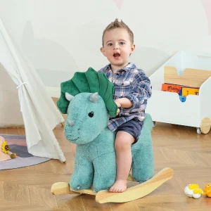 Qaba Kids Plush Ride On Rocking Horse Triceratops Shaped Plush Toy Rocker With Realistic Sounds For Child 36 72 Months Dark Green<Oriental Trading Shop