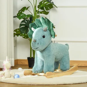 Qaba Kids Plush Ride On Rocking Horse Triceratops Shaped Plush Toy Rocker With Realistic Sounds For Child 36 72 Months Dark Green<Oriental Trading Shop