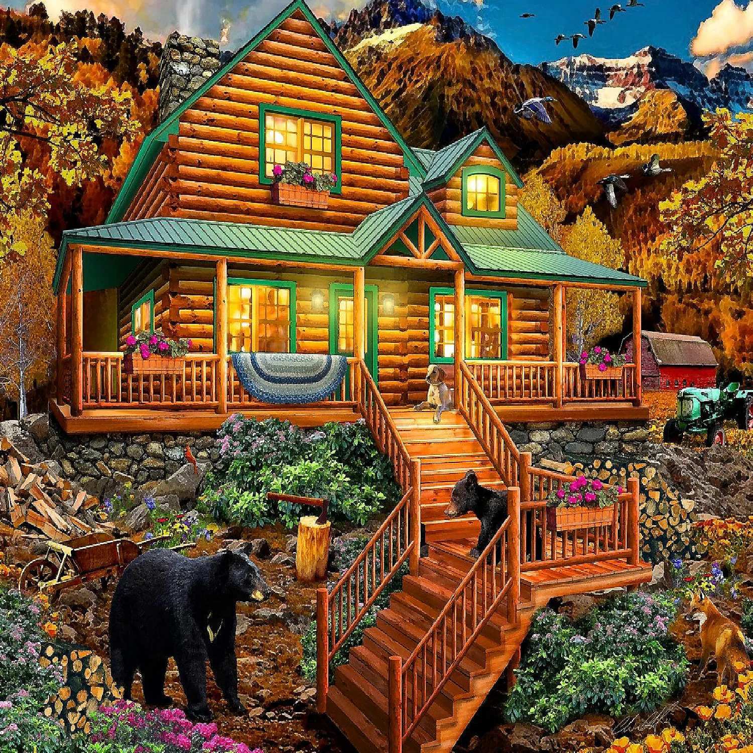 sunsout_mountain_cabin_vi_0.webp Oriental Trading Puzzles*Sunsout Mountain Cabin Visitors 1000 Pc Large Pieces Jigsaw Puzzle
