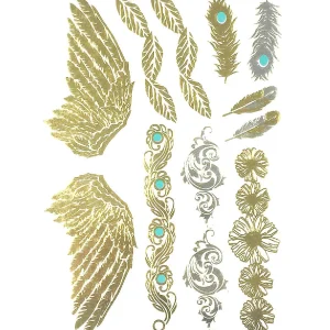 Oriental Trading Temporary Tattoos*Wrapables Large Metallic Gold Silver And Black Body Art Temporary Tattoos, Feathers, Wings, Daisies_1